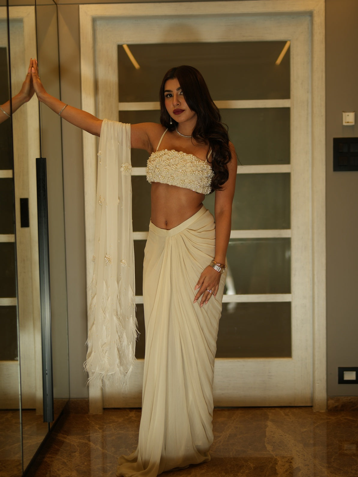 Pearl blossom drape saree