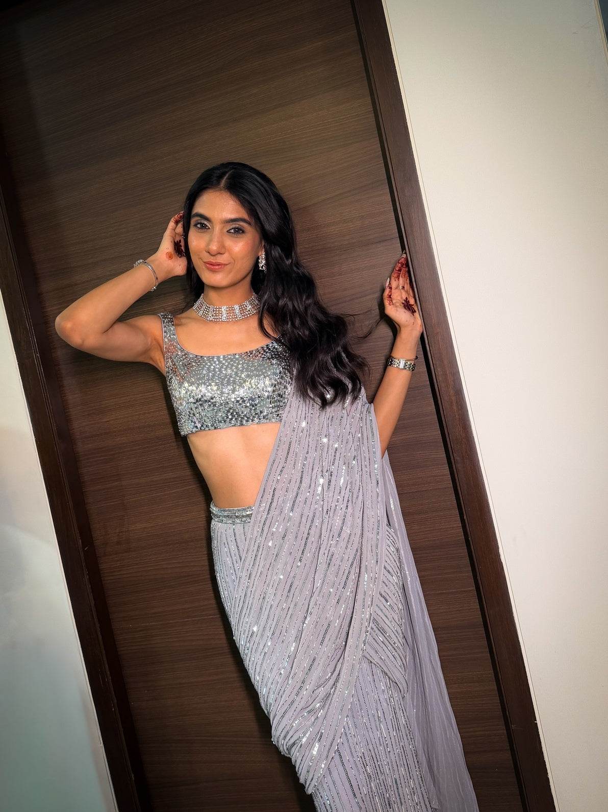 Ice-grey Sequins saree set